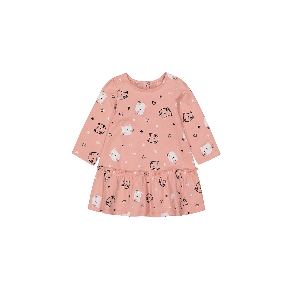 

Girls Full Sleeves Dress Cat Print - Pink