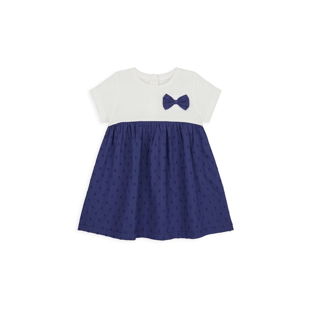 

Girls Half Sleeves Dress Bow Detail - White Navy