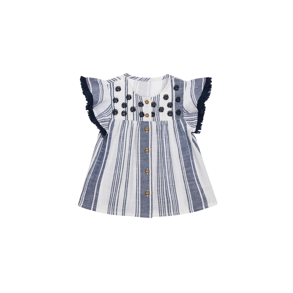 

Girls Half Sleeves Striped Top Embroidered - White Navy