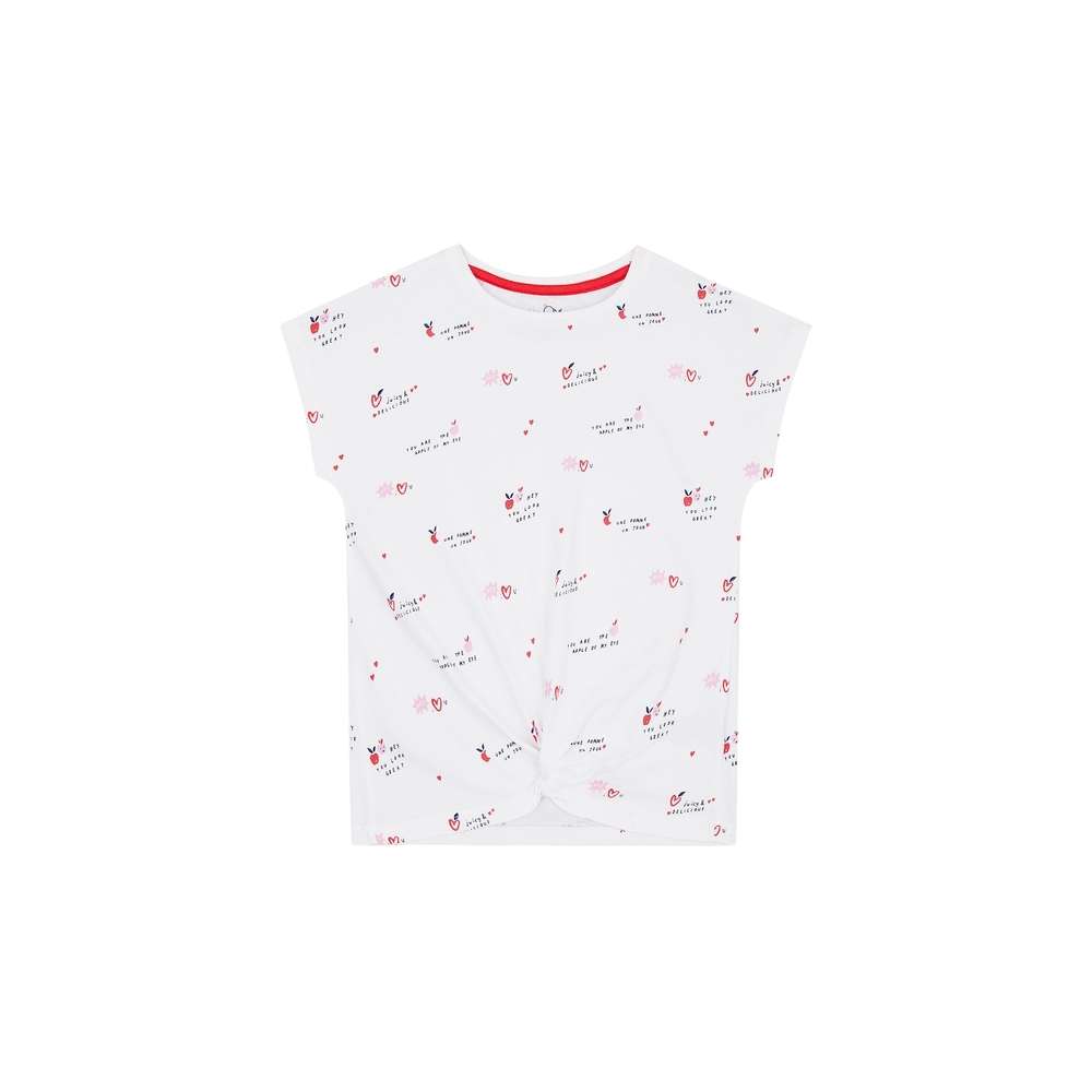 

Girls Half Sleeves Knot-Front T-Shirt Text Print - Cream