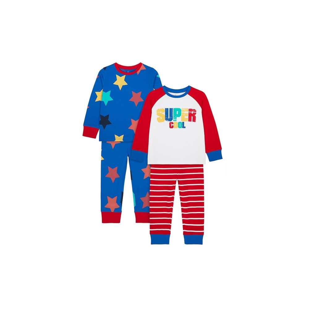 

Boys Full Sleeves Pyjama Set Star And Text Print - Pack Of 2 - Red Blue