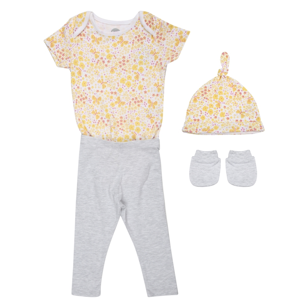

Girls Half sleeves Butterfly print 3 piece set - Yellow