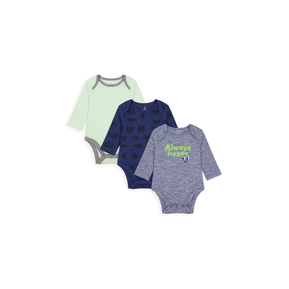 

Boys Full Sleeves Bodysuit Text Patchwork - Pack Of 3 - Multicolor