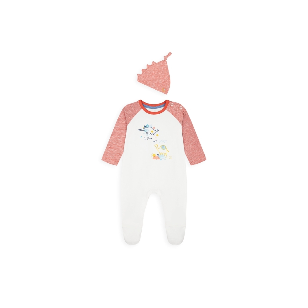 

Boys Full Sleeves Romper With Hat Dino Embroidery - White