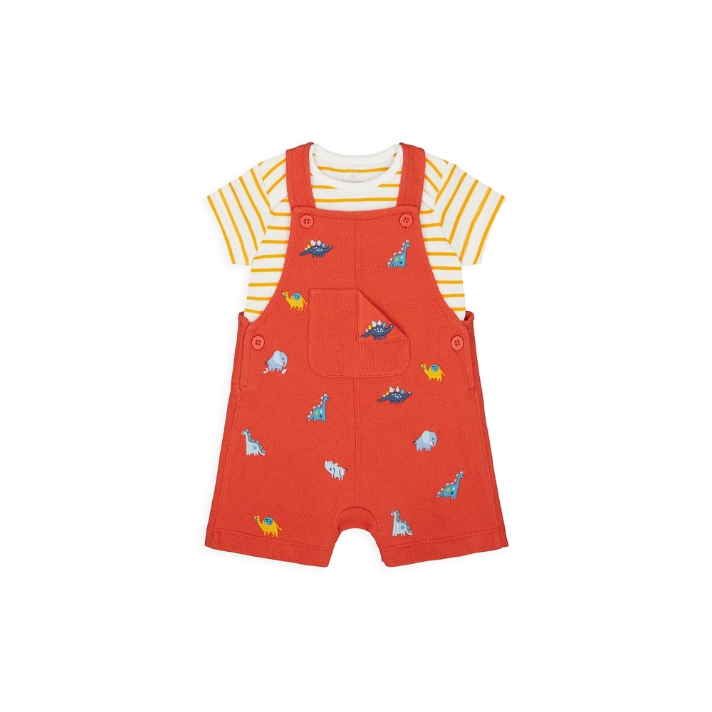 

Boys Half Sleeves Dungaree Set Dino Embroidery - Red