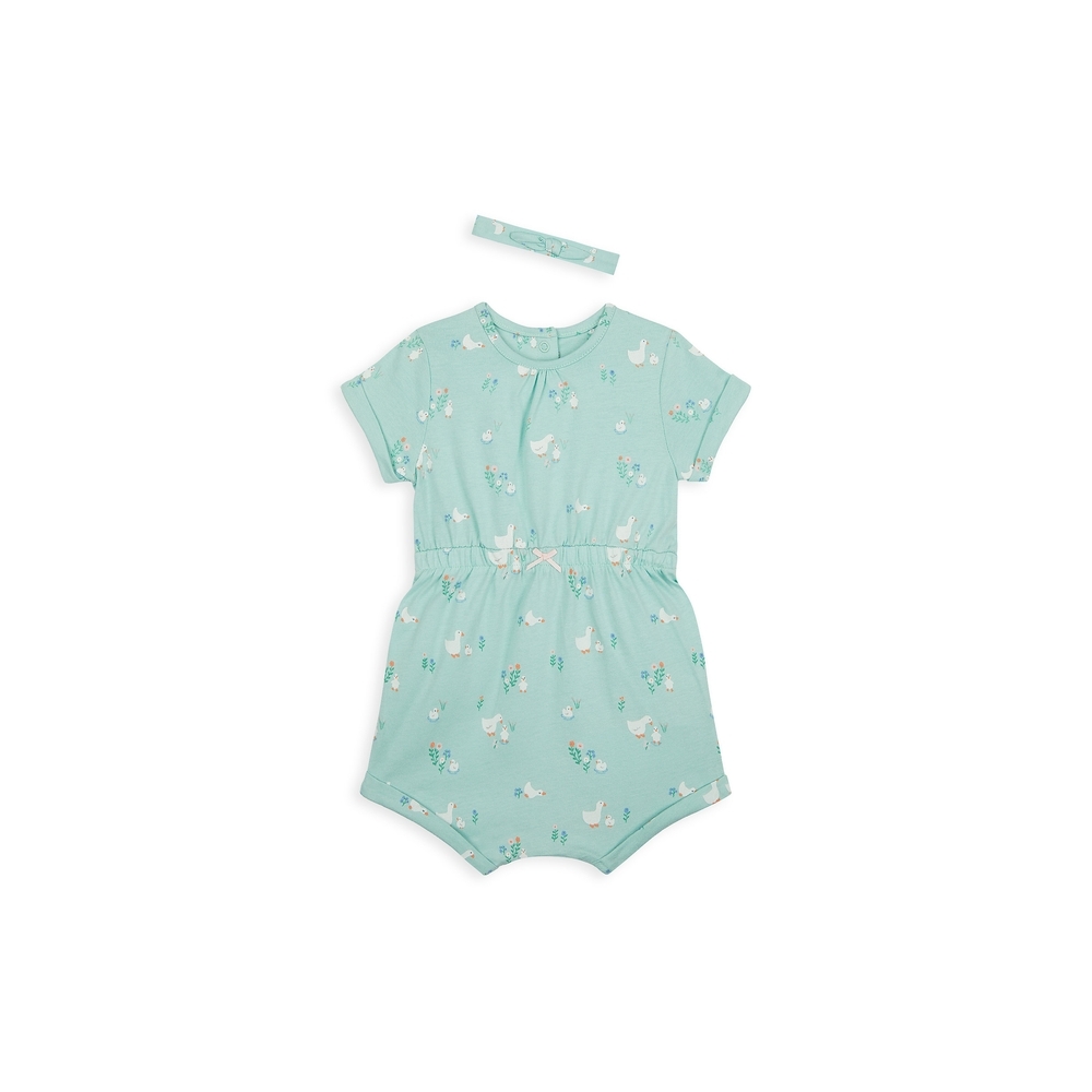 

Girls Half Sleeves Romper Duck Print - Green