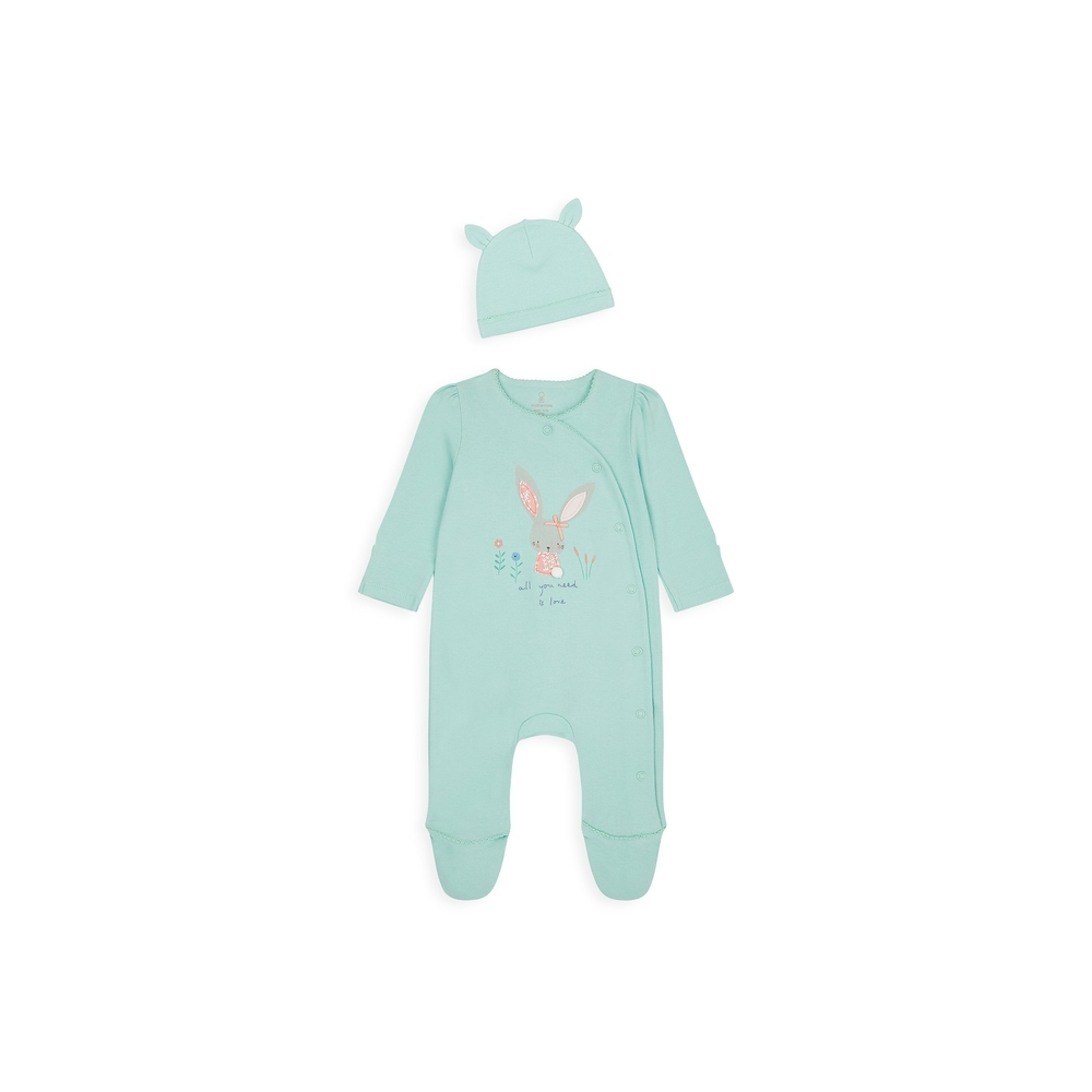 

Girls Full Sleeves Romper Bunny Patch Work - Green