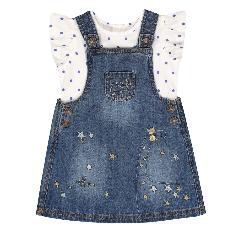 

Girls Half Sleeves Denim Dress And Tee Set Embroidered - Blue White