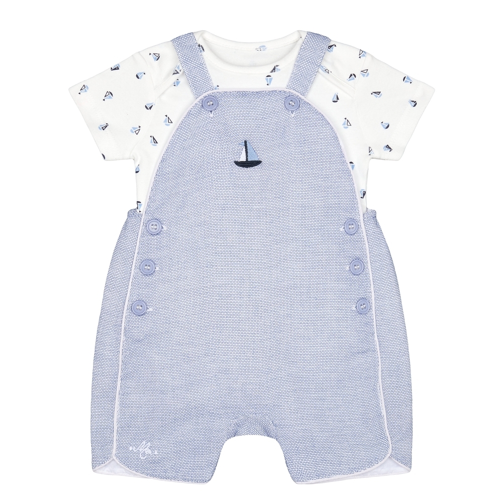 

Boys Half Sleeves Dungaree Set Boat Embroidery - Blue