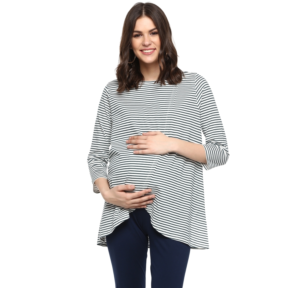 

Momsoon women maternity three-fourth sleeves top-Striped White