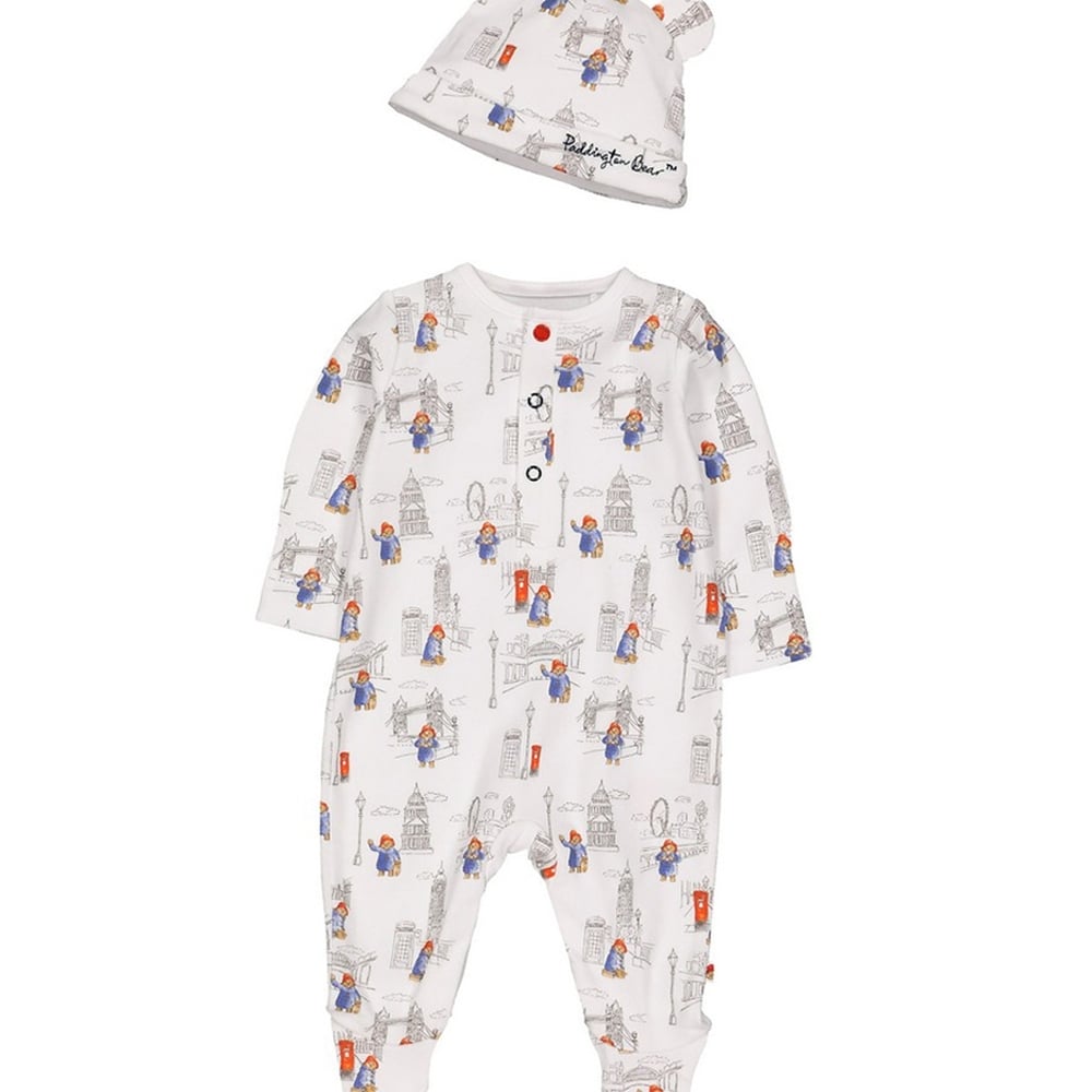 

Unisex Full Sleeves Paddington Bear Print Sleepsuit With Hat - White