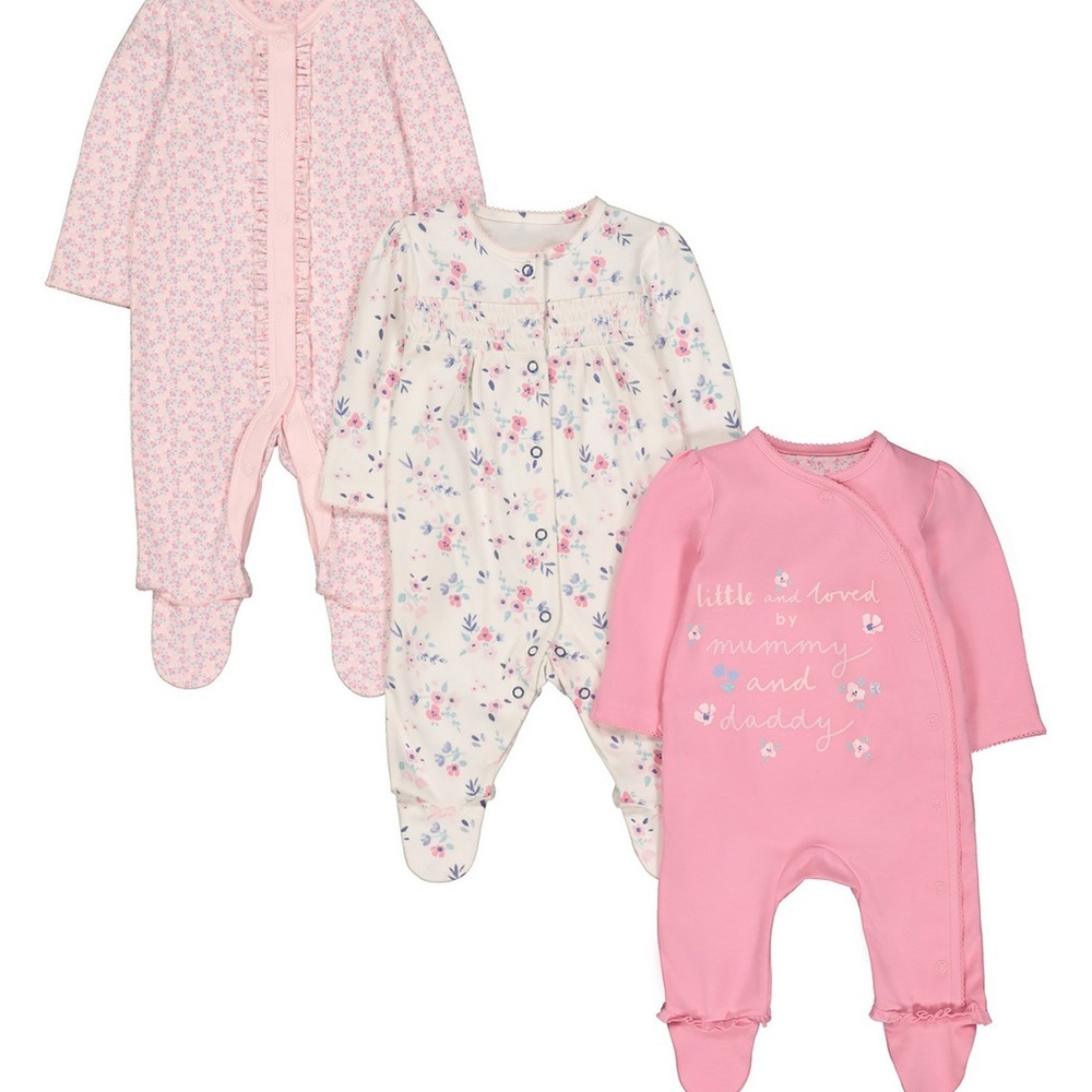 

Girls Full Sleeves Floral Print Frilled Sleepsuit - Pack Of 3 - Pink