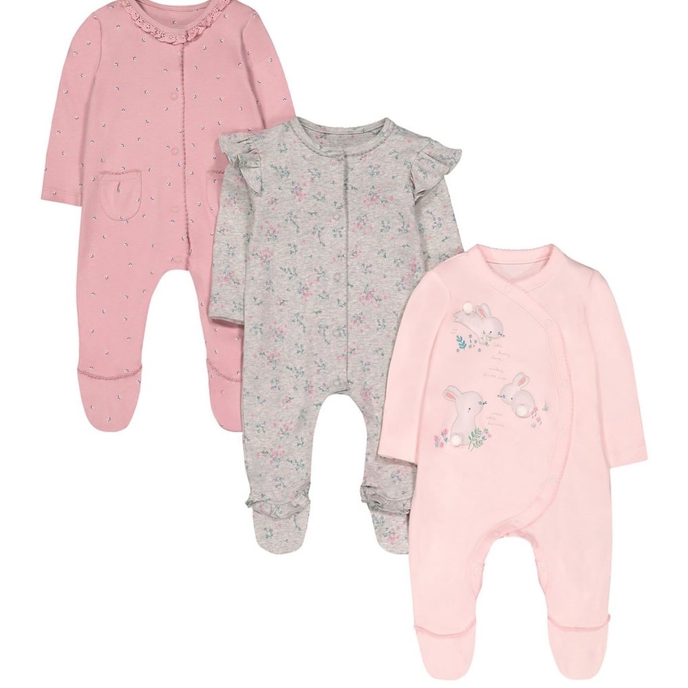 

Girls Full Sleeves Floral Bunny Print Sleepsuit - Pack Of 3 - Multicolor