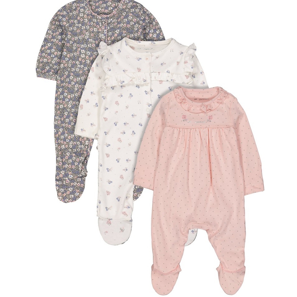 

Girls Full Sleeves Frilled Floral Print Sleepsuit - Pack Of 3 - Multicolor