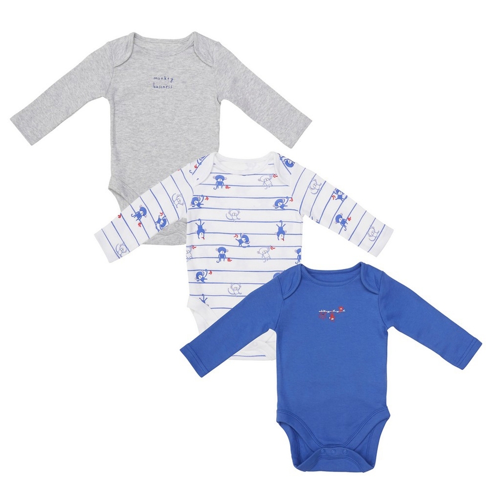

Boys Full Sleeves Bodysuit Monkey Print - Pack Of 3 - Blue Grey White