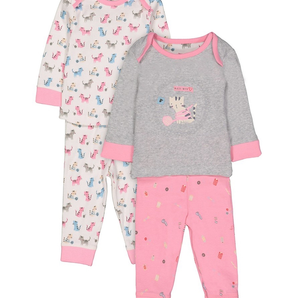 

Girls Full Sleeves Cat Print Pyjamas - Pack Of 2 - Pink