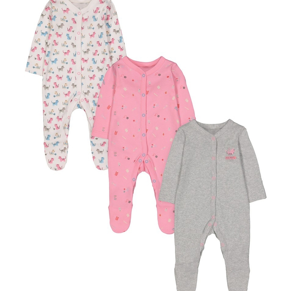 

Girls Full Sleeves Cat Print Sleepsuit - Pack Of 3 - Multicolor