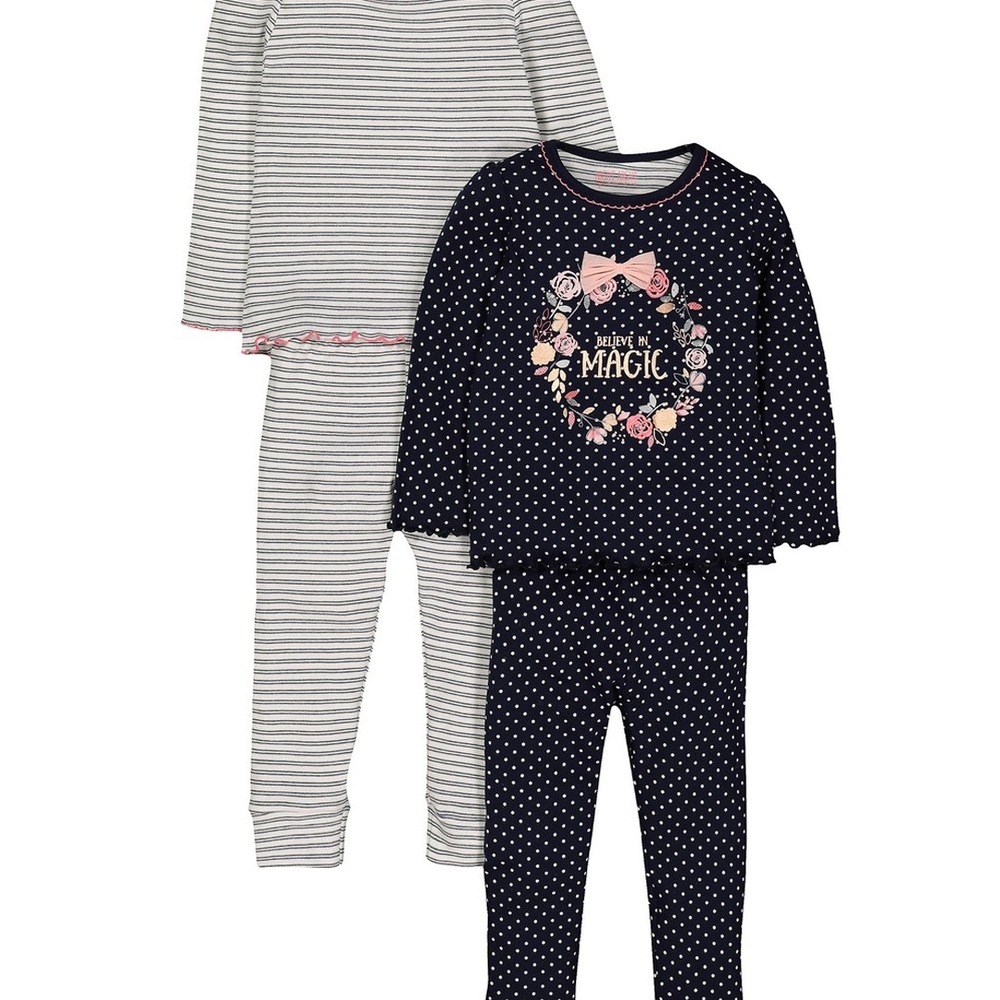 

Girls Full Sleeves Pyjamas Polka Dot With Stripes - Pack Of 2 - Navy