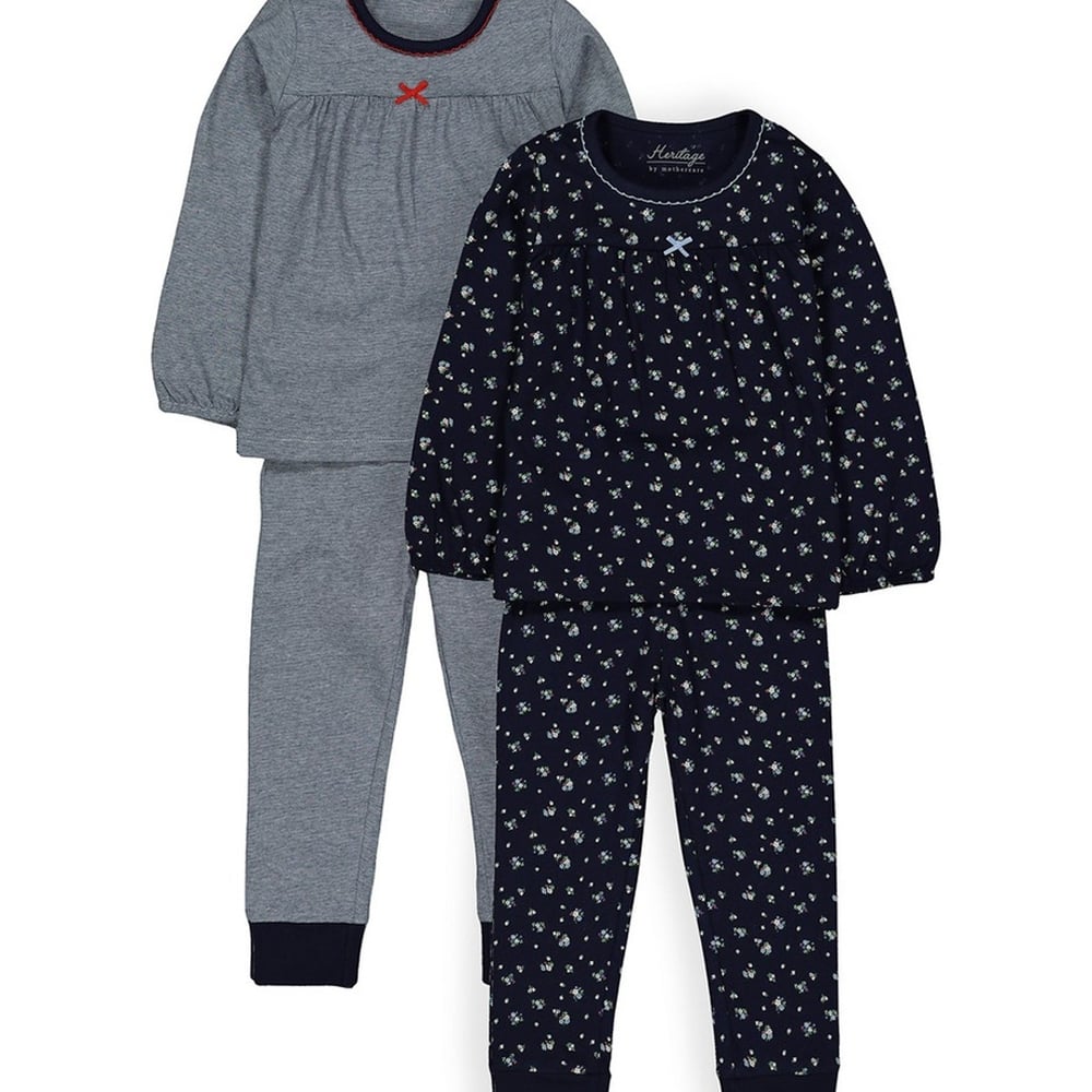 

Girls Full Sleeves Pyjamas Floral Print And Stripe - Pack Of 2 - Navy