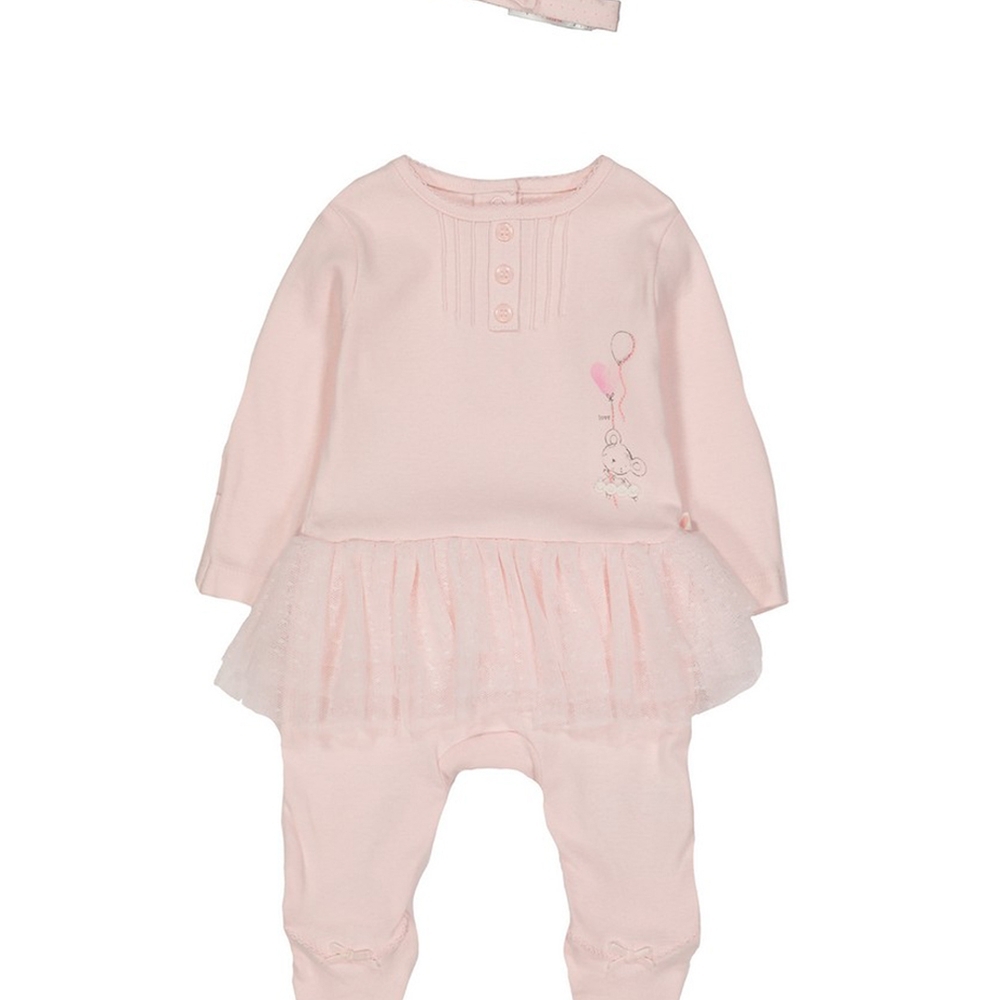 

Girls Full Sleeves Tutu Romper With Headband Bear Print - Pink