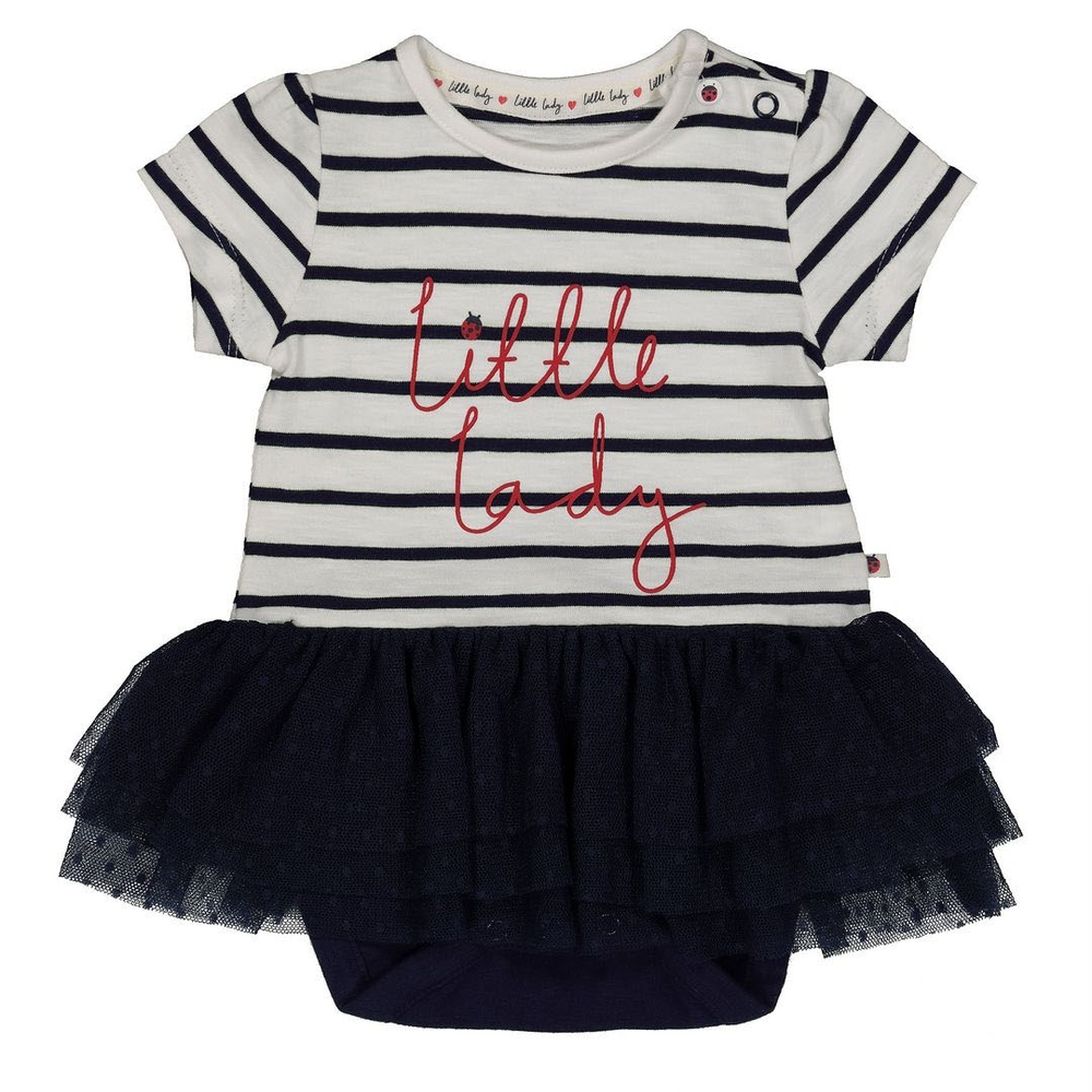 

Girls Half Sleeves Frock Style Bodysuit Stripe And Text Print - Navy