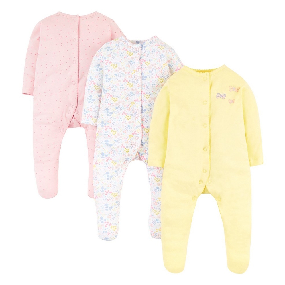 

Girls Full Sleeves Floral Butterfly Print Sleepsuit - Pack Of 3 -Multicolor