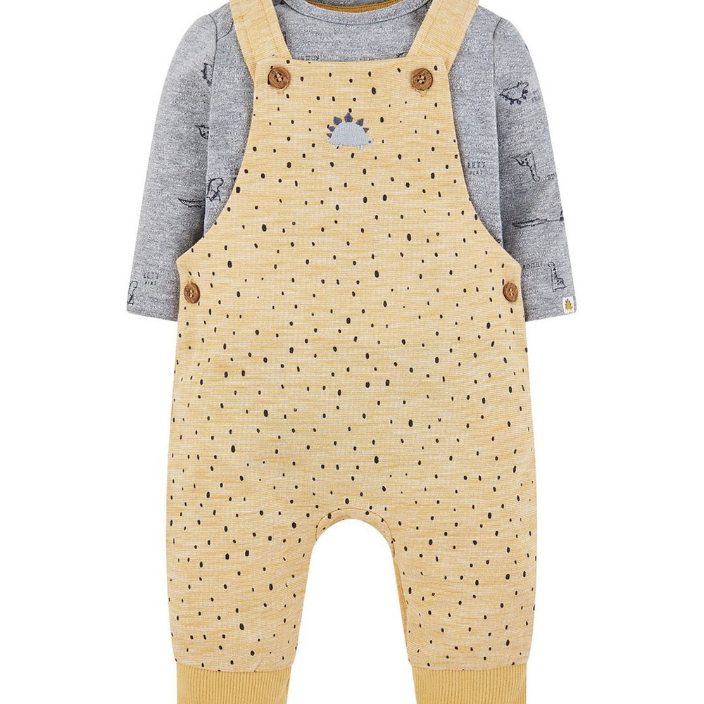 

Mustard Dinosaur Dungarees And Grey Rib Bodysuit Set