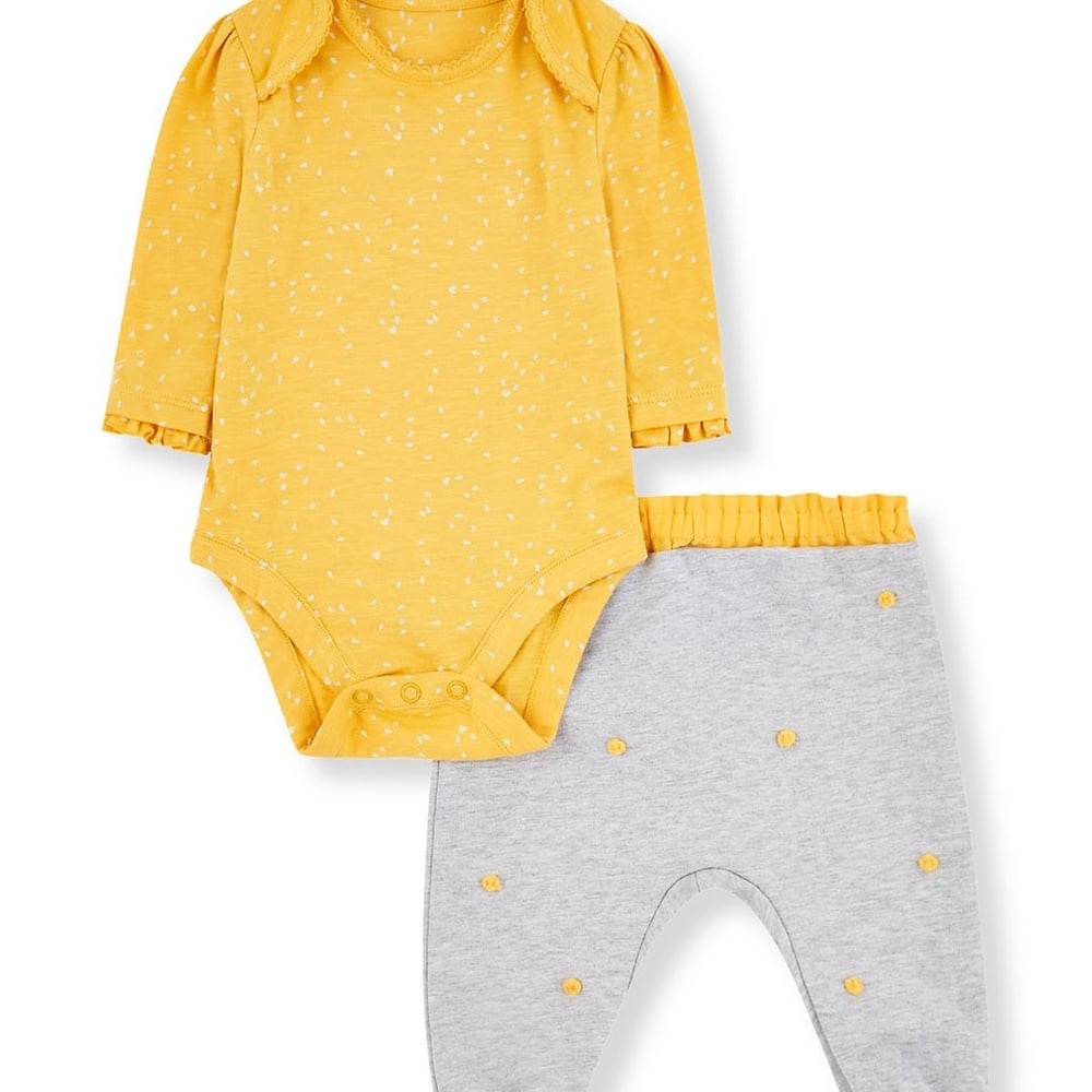 

Yellow Bodysuit And Grey Pom Pom Trousers Set