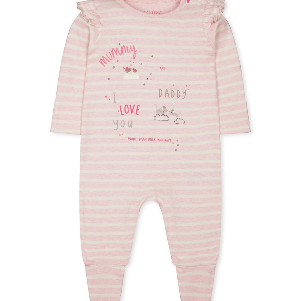 

Girls Full Sleeves Sleepsuit Stripe And Glitter Text Print - Pink