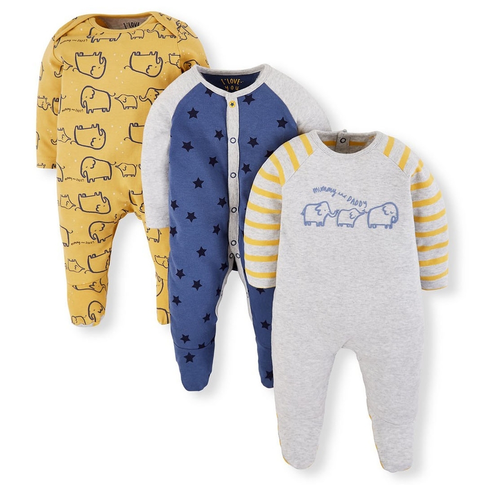 

Boys Full Sleeves Sleepsuit Elephant And Star Print - Pack Of 3 - Blue Grey Yellow