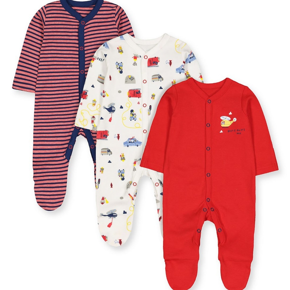 

Boys Full Sleeves Sleepsuit Vehicle Print And Stripe - Pack Of 3 - Red White Navy