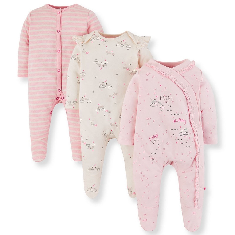 

Girls Full Sleeves Sleepsuit Glitter Text Print And Stripe - Pack Of 3 - Pink