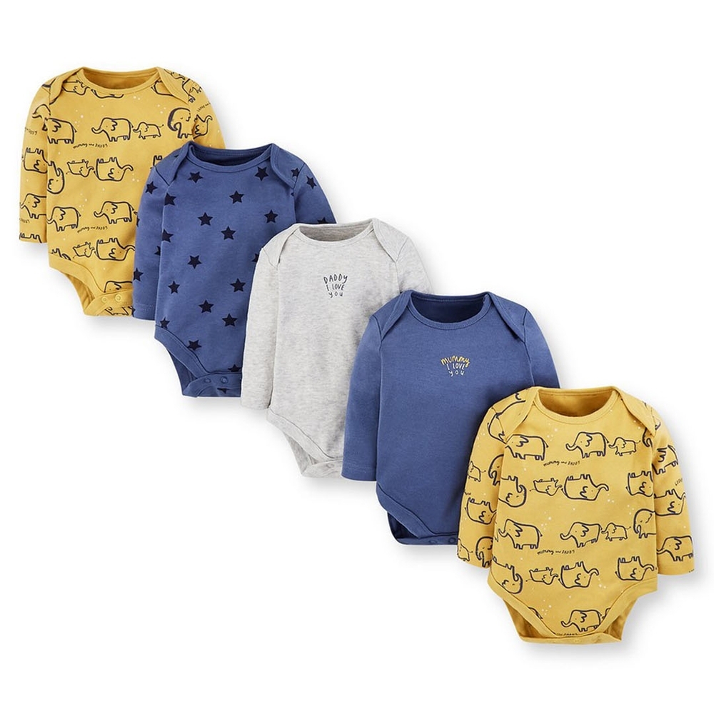 

Boys Full Sleeves Bodysuit Elephant And Text Print - Pack Of 5 - Yellow Navy Grey