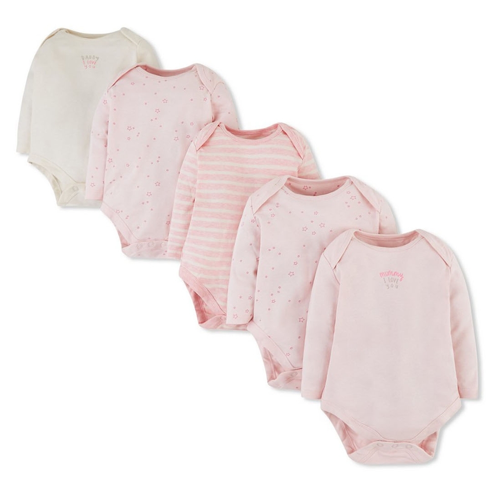 

Girls Full Sleeves Bodysuit Stripe And Text Print - Pack Of 5 - Pink