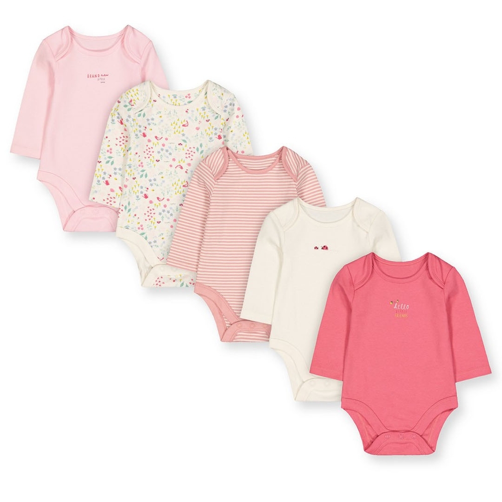 

Girls Full Sleeves Bodysuit Floral Stripe And Text Print - Pack Of 5 - Pink White