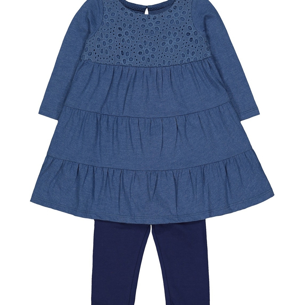 

Blue Broderie Tiered Dress And Navy Leggings Set