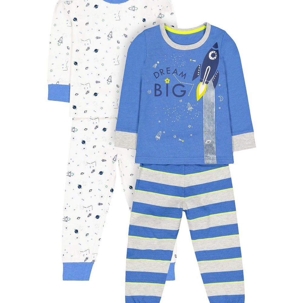 

Boys Full Sleeves Pyjamas Space Rocket Print - Pack Of 2 - Blue White