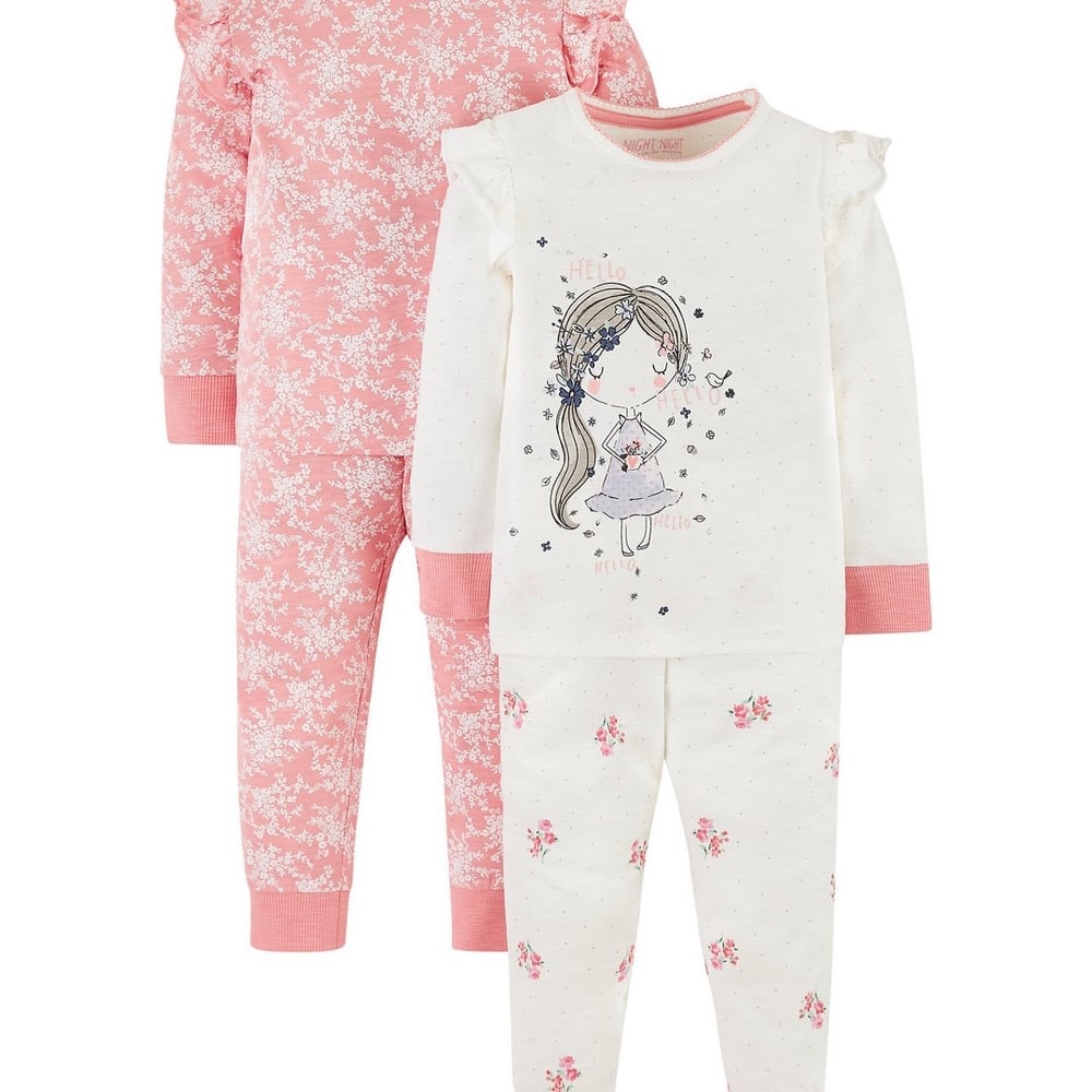 

Girls Full Sleeves Pyjamas Floral Print With Girl Image - Pack Of 2 - Pink White