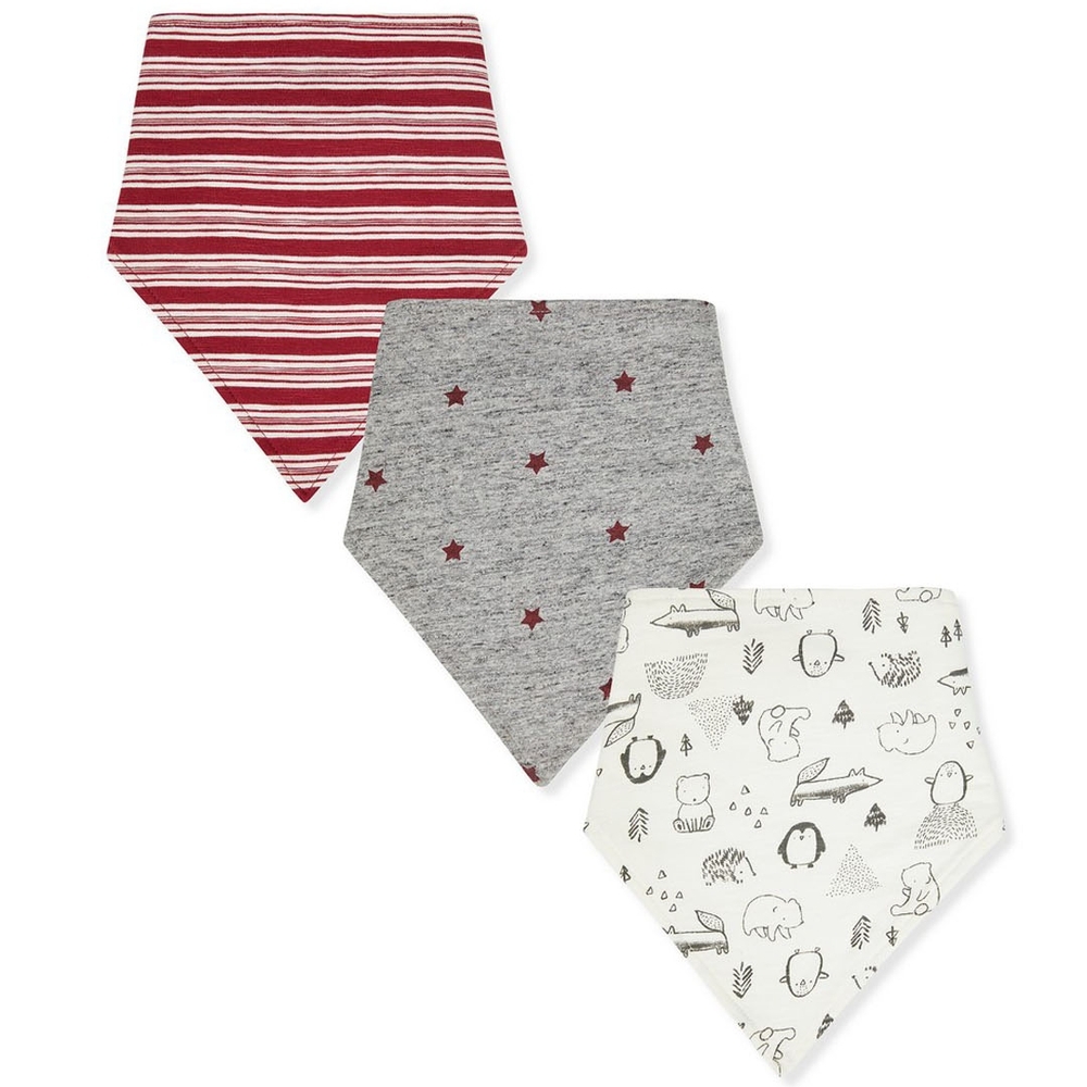 

Boys Toweling Bibs Stripe Star And Animal Print - Pack Of 3 - White Grey Red