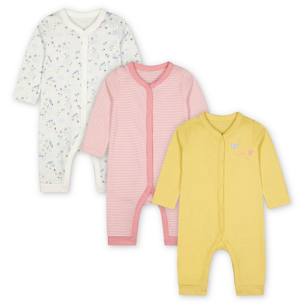 

Girls Full Sleeves Sleepsuit Floral Print And Embroidery - Pack Of 3 - Yellow Pink White