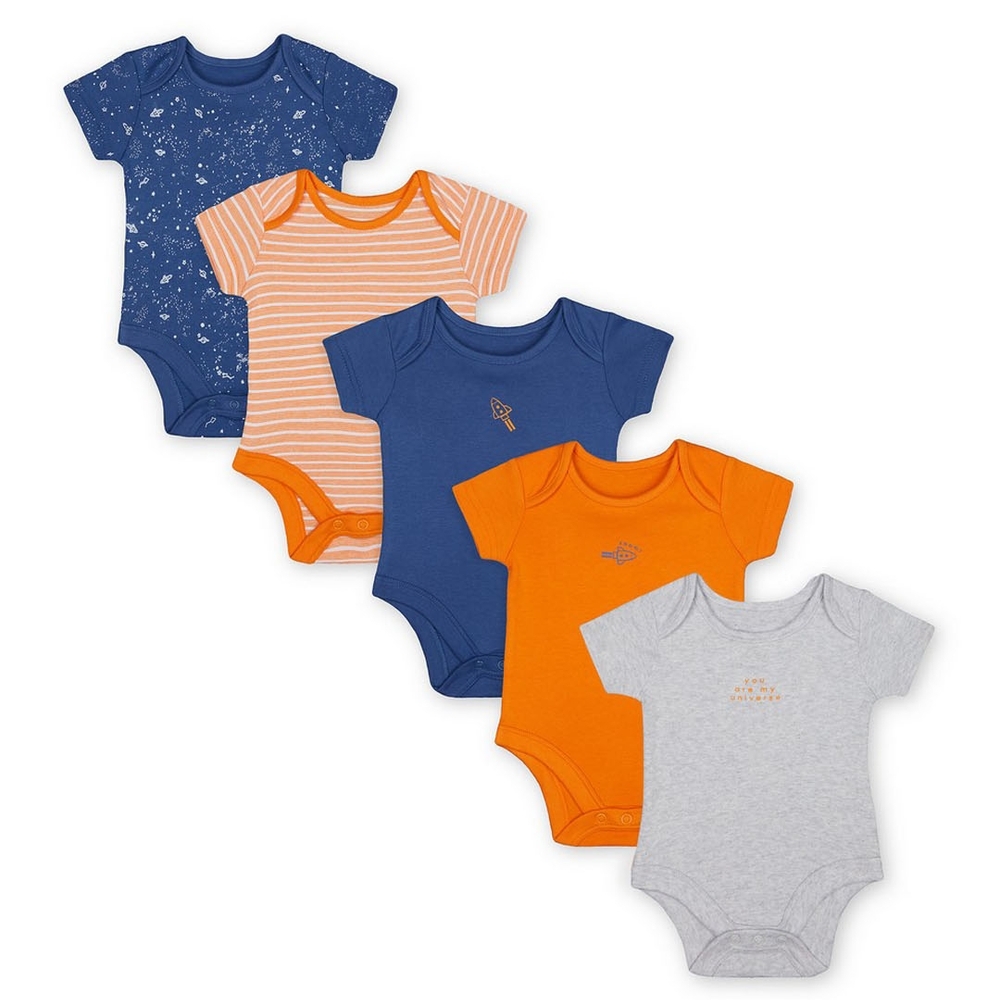 

Boys Half Sleeves Bodysuit Space Print And Stripe - Pack Of 5 - Orange Navy Grey