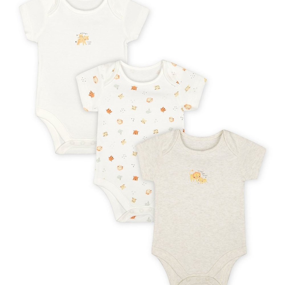 

Unisex Half Sleeves Bodysuit Lion Print - Pack Of 3 - Beige White