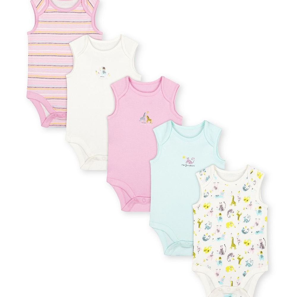 

Girls Sleeveless Bodysuit Animal Print And Stripe - Pack Of 5 - Pink White Blue