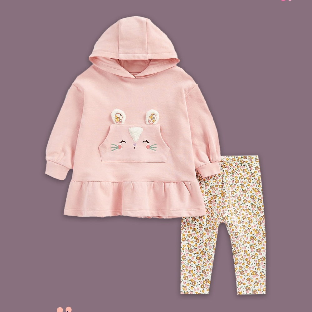 

Girls Full Sleeves Top&amp Bottom Set 3D Kangaroo Pocket-Multicolor