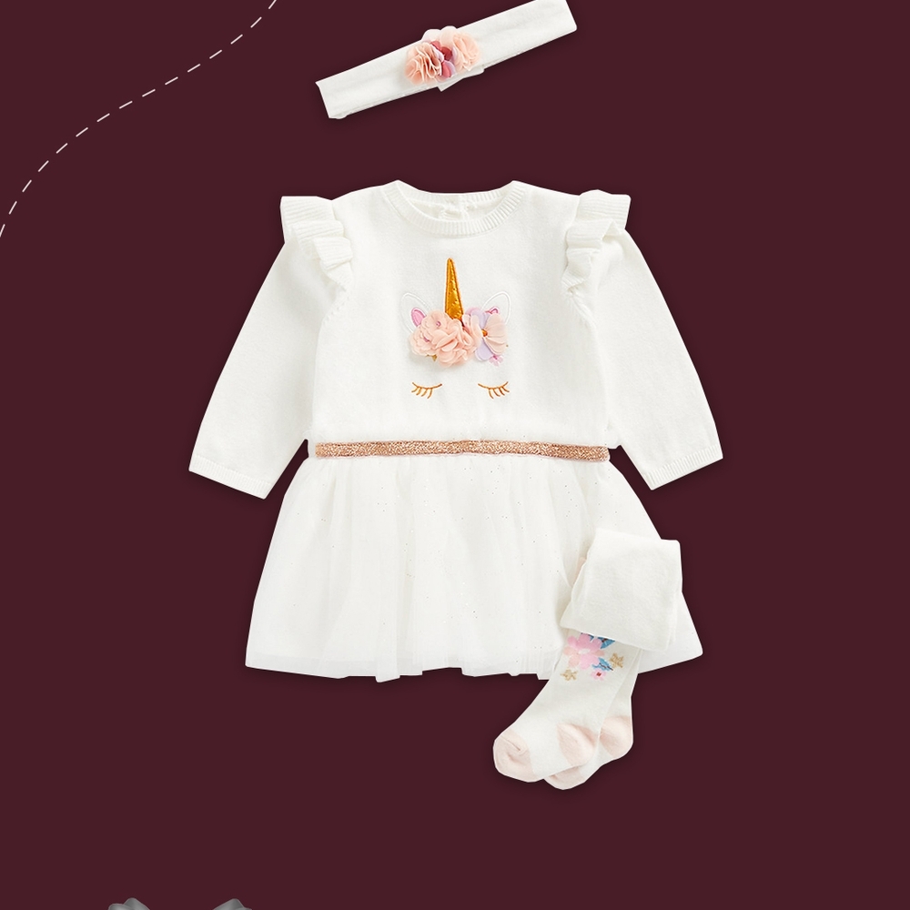 

Girls Full Sleeves Dress With Tights&amp Headband 3D Unicorn Design-White
