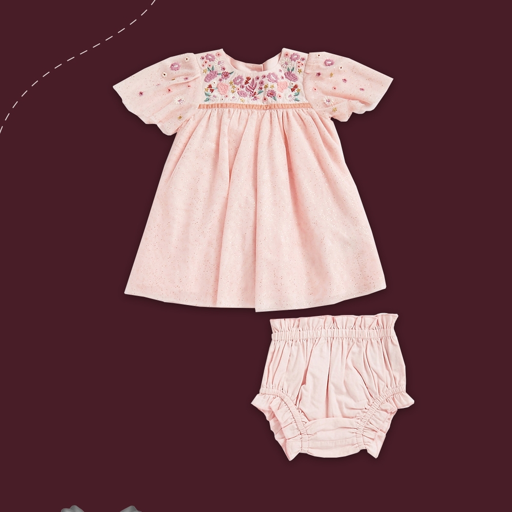 

Girls Half Sleeves Dress with Knickers -Pink