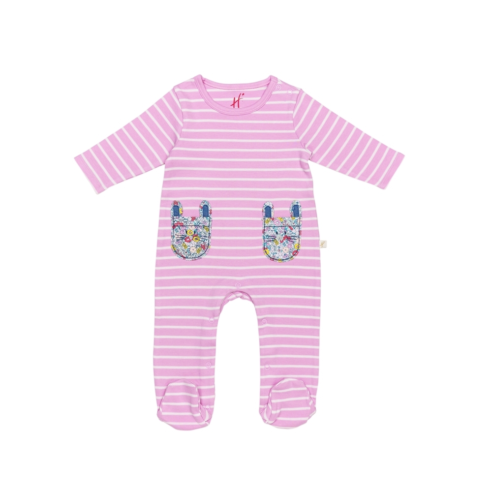 

H by Hamleys Girls Full Sleeve Sleepsuit Stripped Bunny Pocket-Multicolor