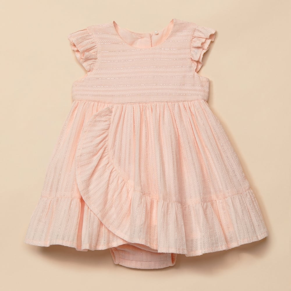 

Girls Half Sleeves Sparkle Striped Dress - Pink