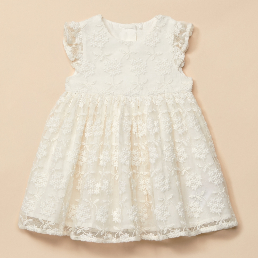 

Girls Half Sleeves Floral Embroidery Mesh Dress - White