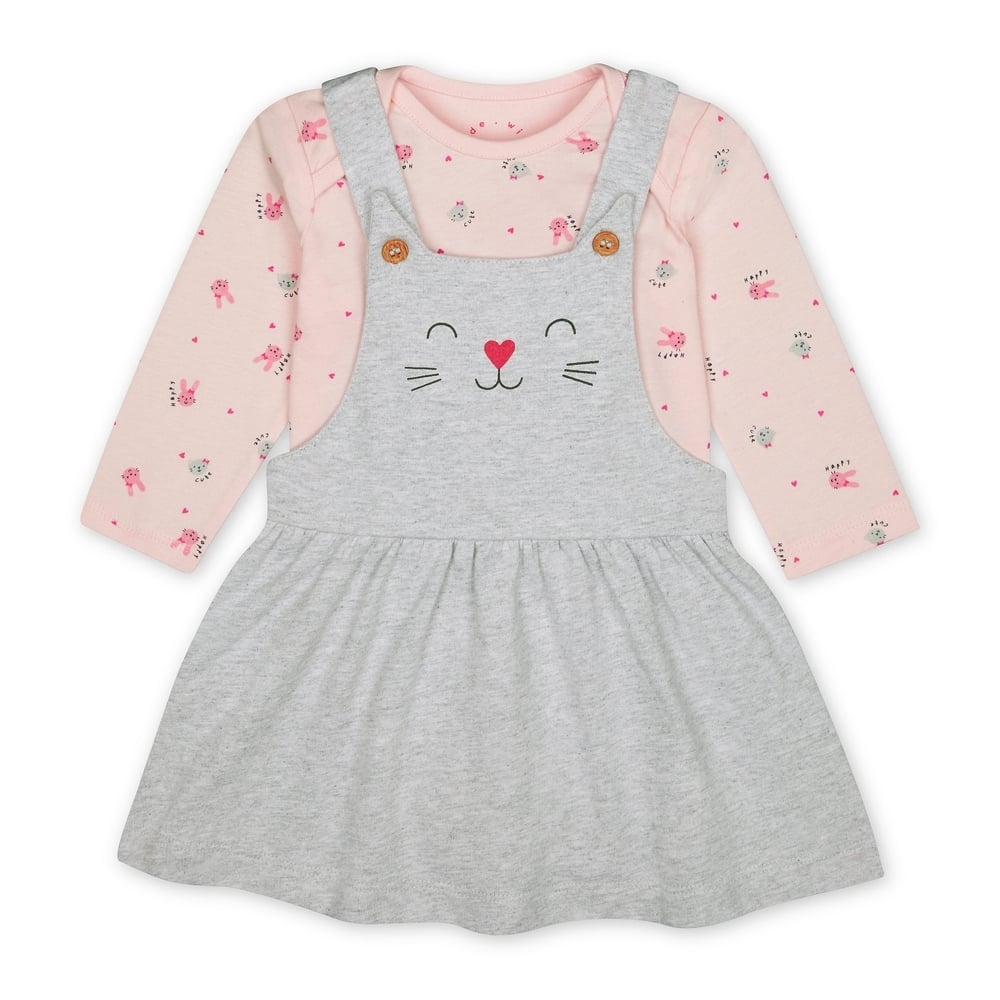 

Girls Full Sleeves Cat Print Dress And Bodysuit Set - Grey